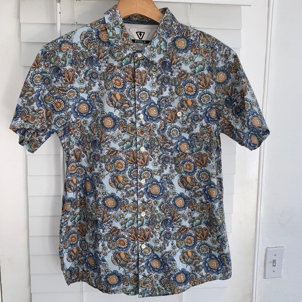 Vissla Mens Small Blue Floral Paisley Short Sleeve Button Down Surf Shirt 0370